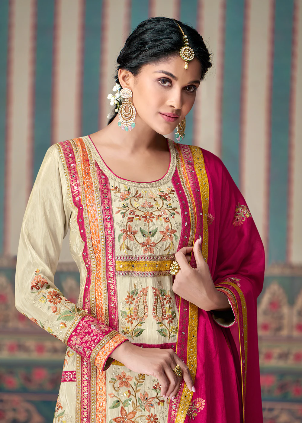Beige & Pink All Over Lace Embroidered Palazzo Suit - Image 2
