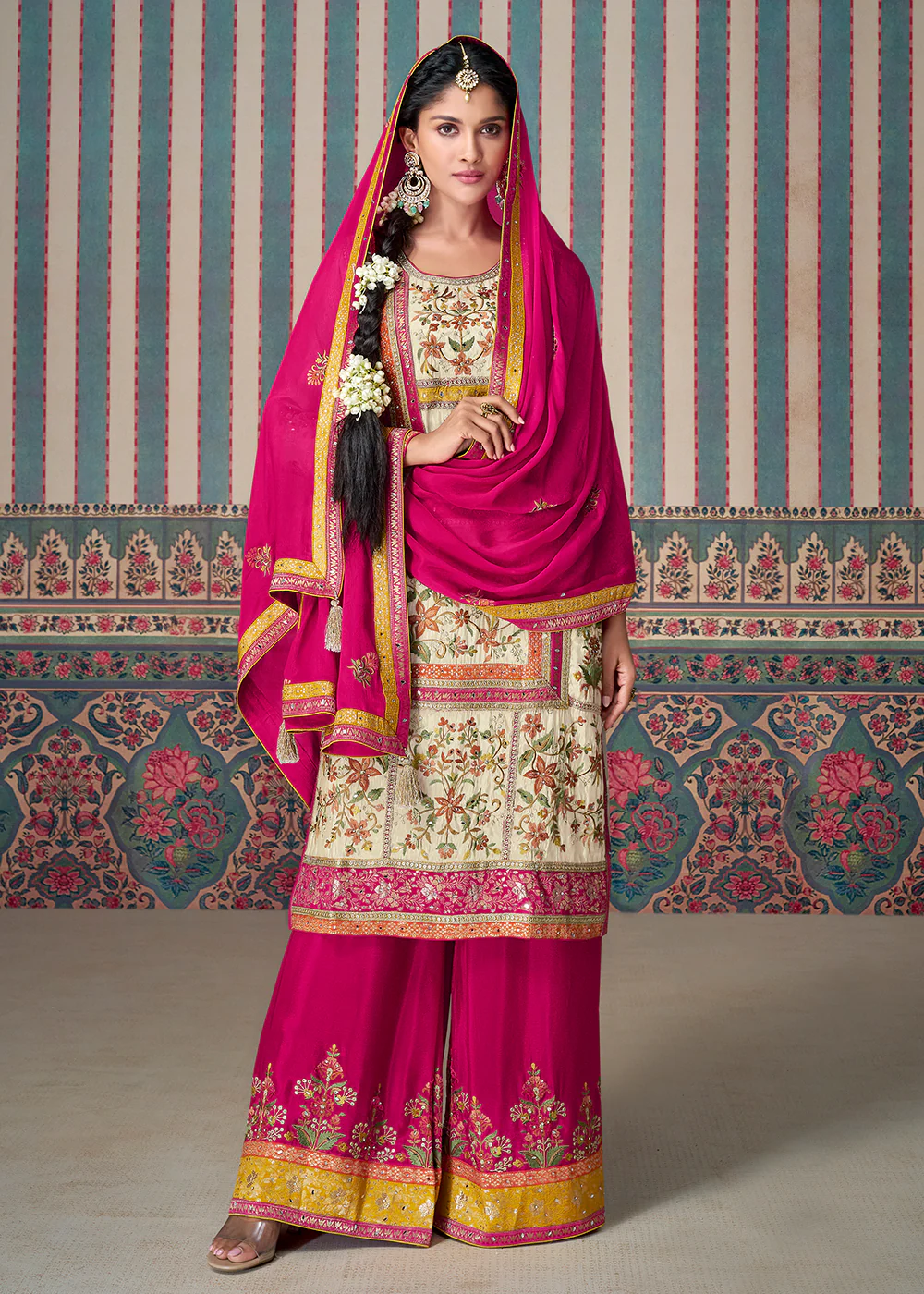 Beige & Pink All Over Lace Embroidered Palazzo Suit - Image 3