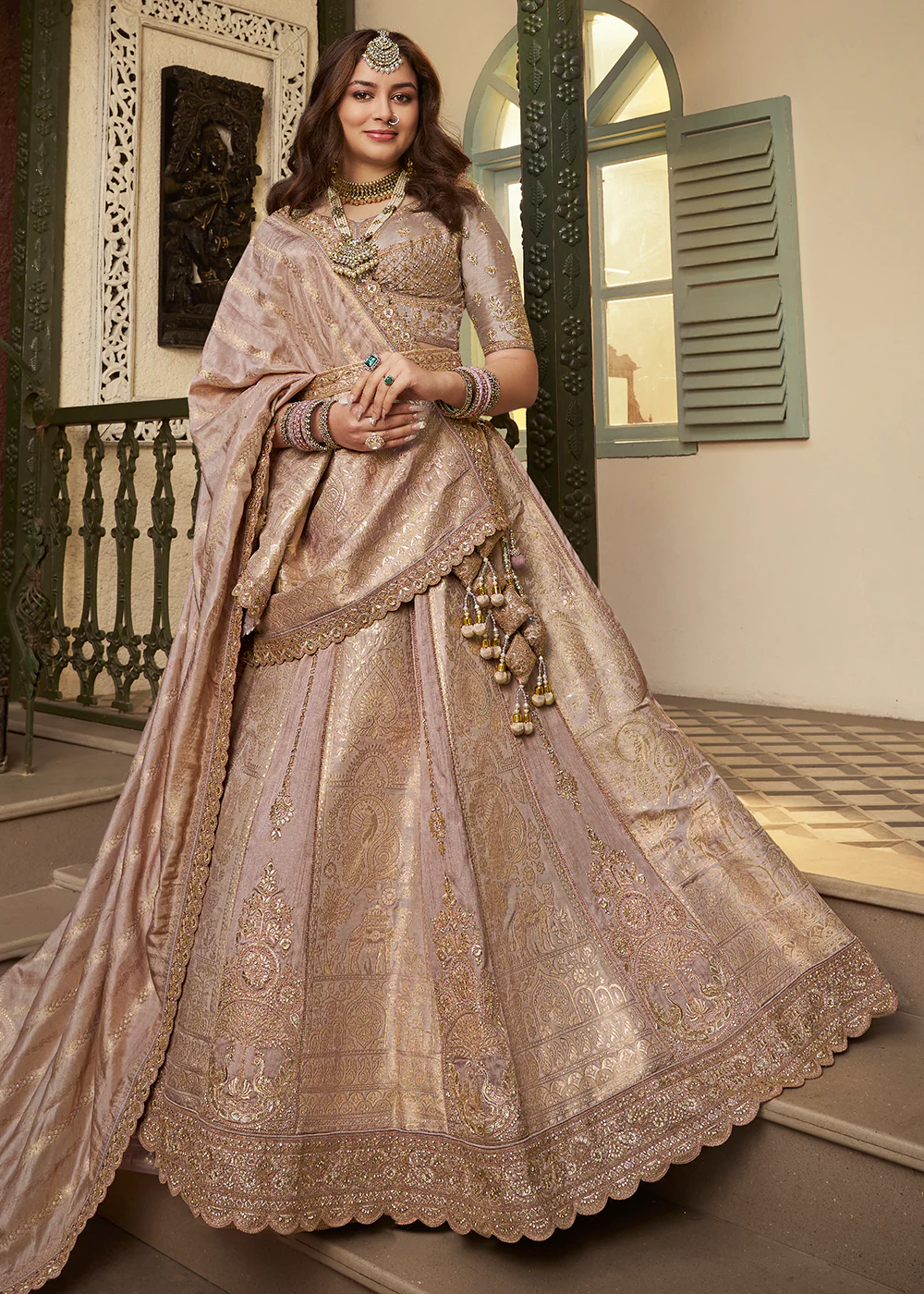 Beige Pink Banarasi Premium Silk Designer Lehenga Choli