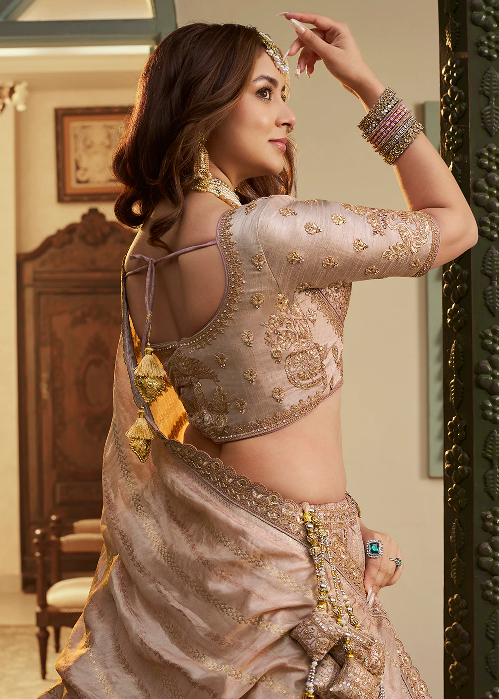 Beige Pink Banarasi Premium Silk Designer Lehenga Choli - Image 3