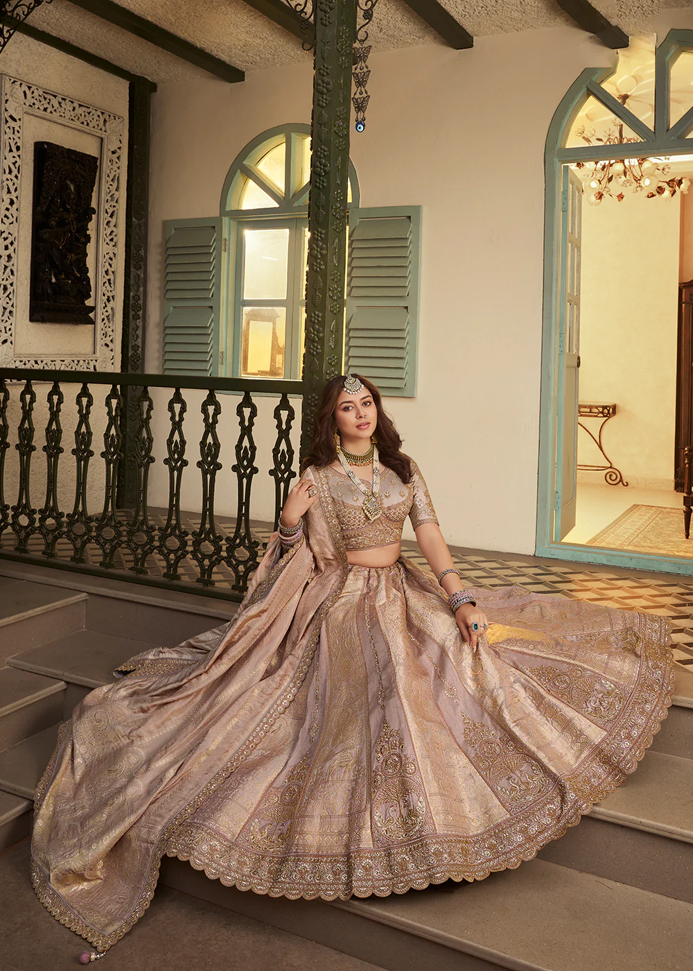 Beige Pink Banarasi Premium Silk Designer Lehenga Choli - Image 4