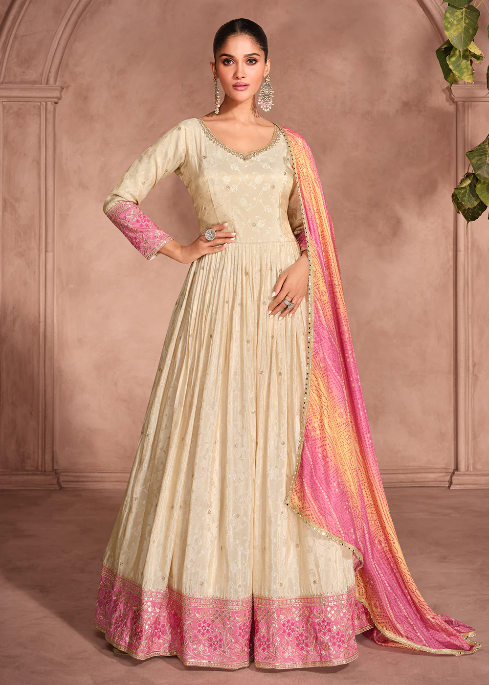 Beige & Pink Embroidered Anarkali Gown with Bandhani Dupatta