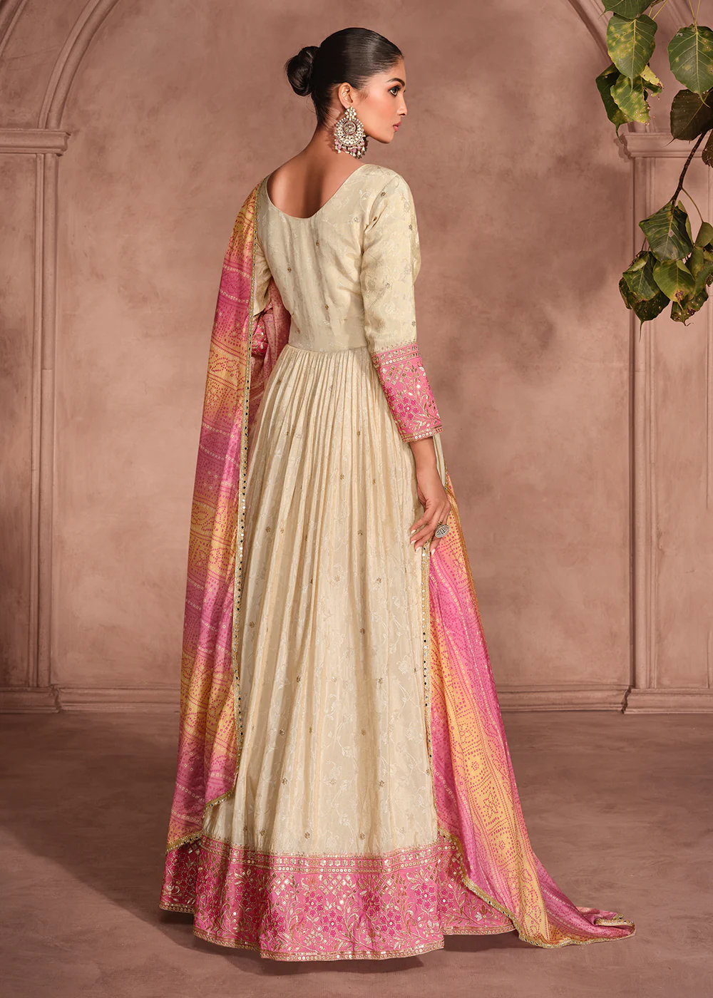 Beige & Pink Embroidered Anarkali Gown with Bandhani Dupatta - Image 3