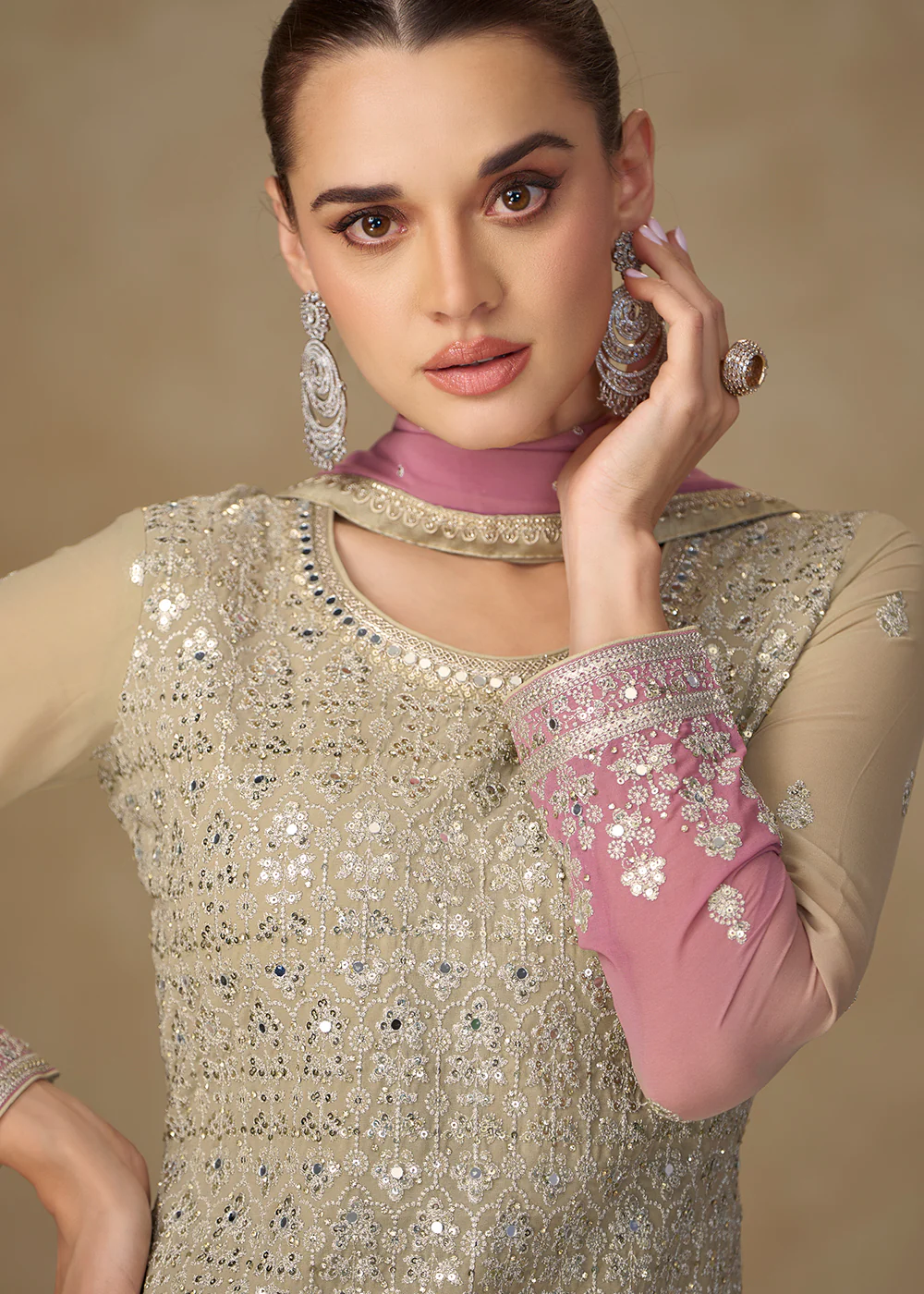 Beige & Pink Mirror Handwork Georgette Palazzo Suit - Image 2