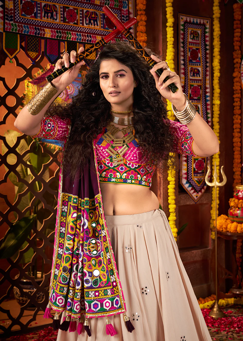 Beige & Pink Viscose Cotton Mirror Chaniya Choli for Navratri - Image 2