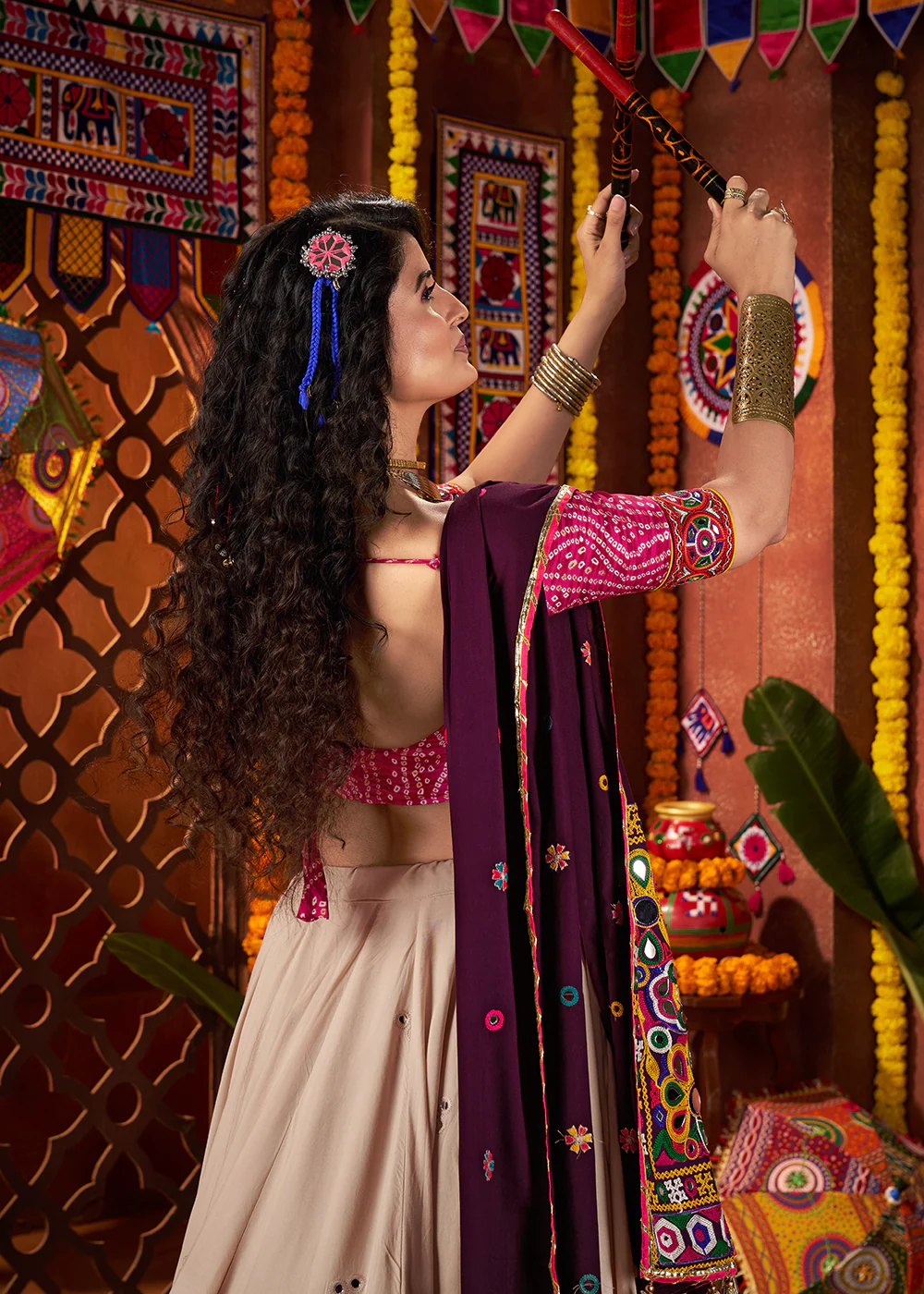 Beige & Pink Viscose Cotton Mirror Chaniya Choli for Navratri - Image 3