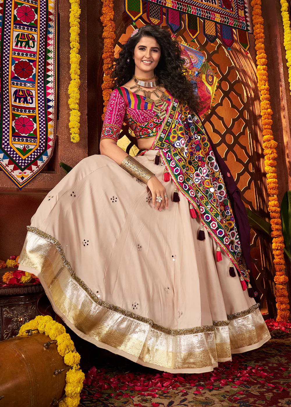 Beige & Pink Viscose Cotton Mirror Chaniya Choli for Navratri - Image 4