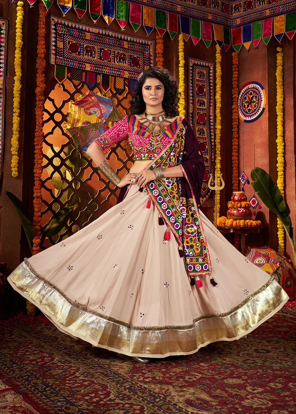 Beige & Pink Viscose Cotton Mirror Chaniya Choli for Navratri - Image 5