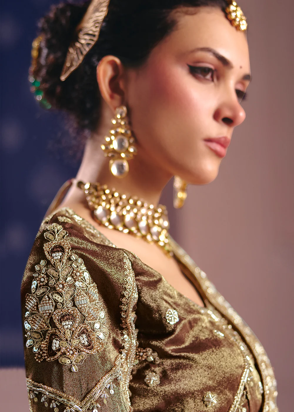 Beige Premium Tissue Zari Embroidered Designer Saree - Image 4