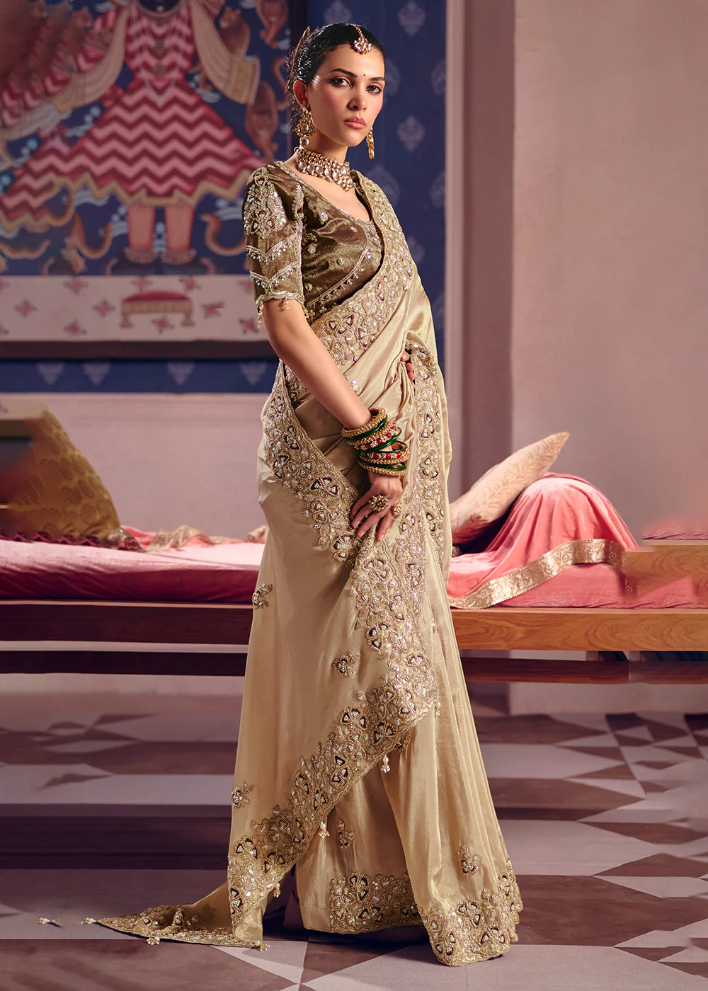Beige Premium Tissue Zari Embroidered Designer Saree - Image 5