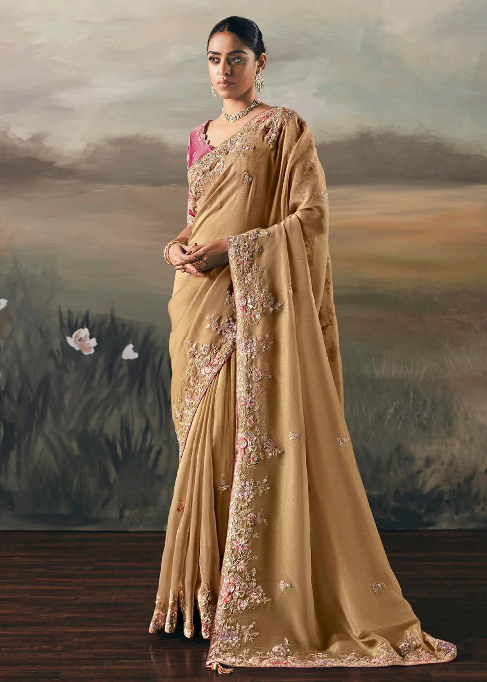 Beige Premium Tissue Zari Fabric Designer Saree