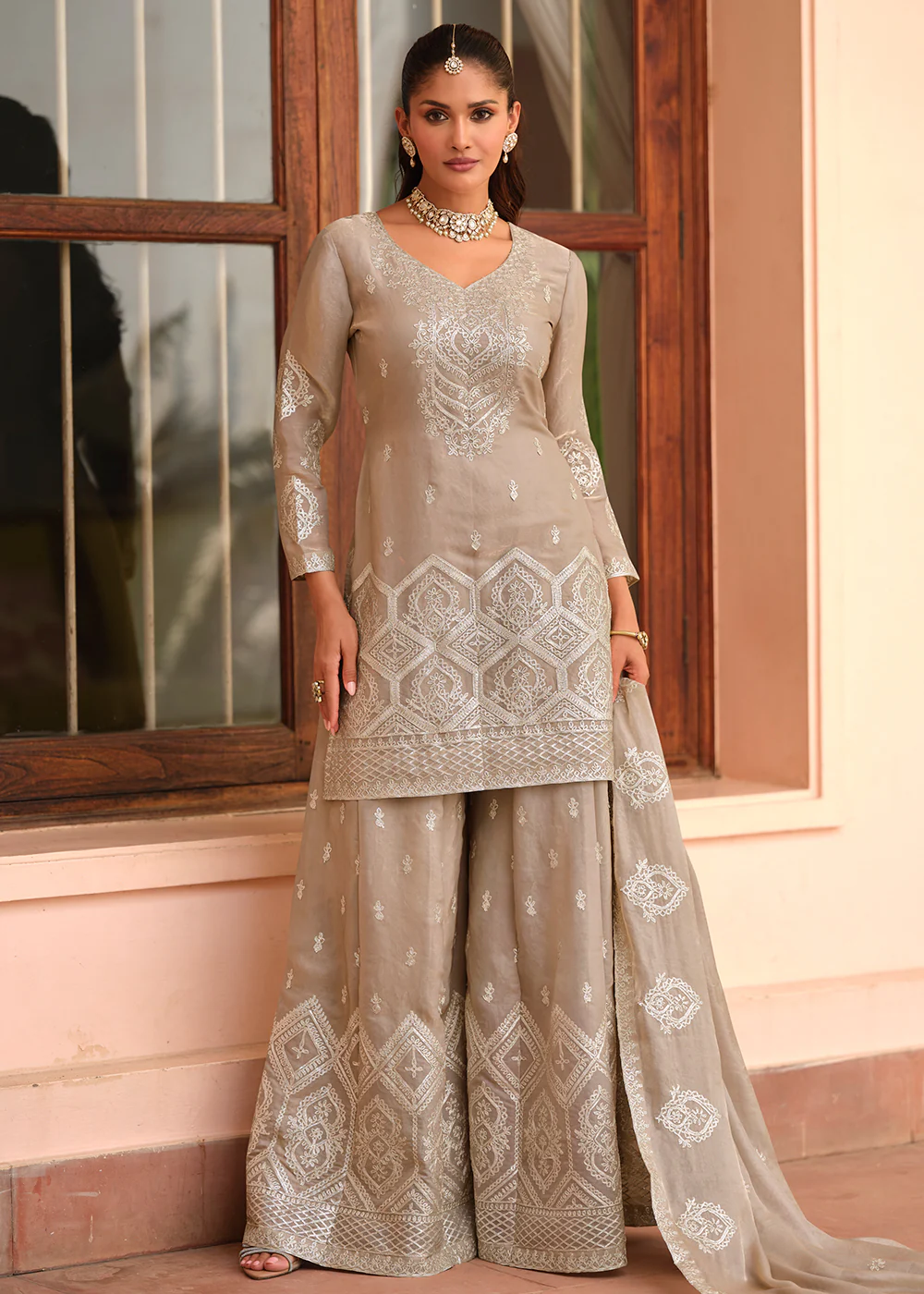 Beige Premium Tora Silk Embroidered Palazzo Suit