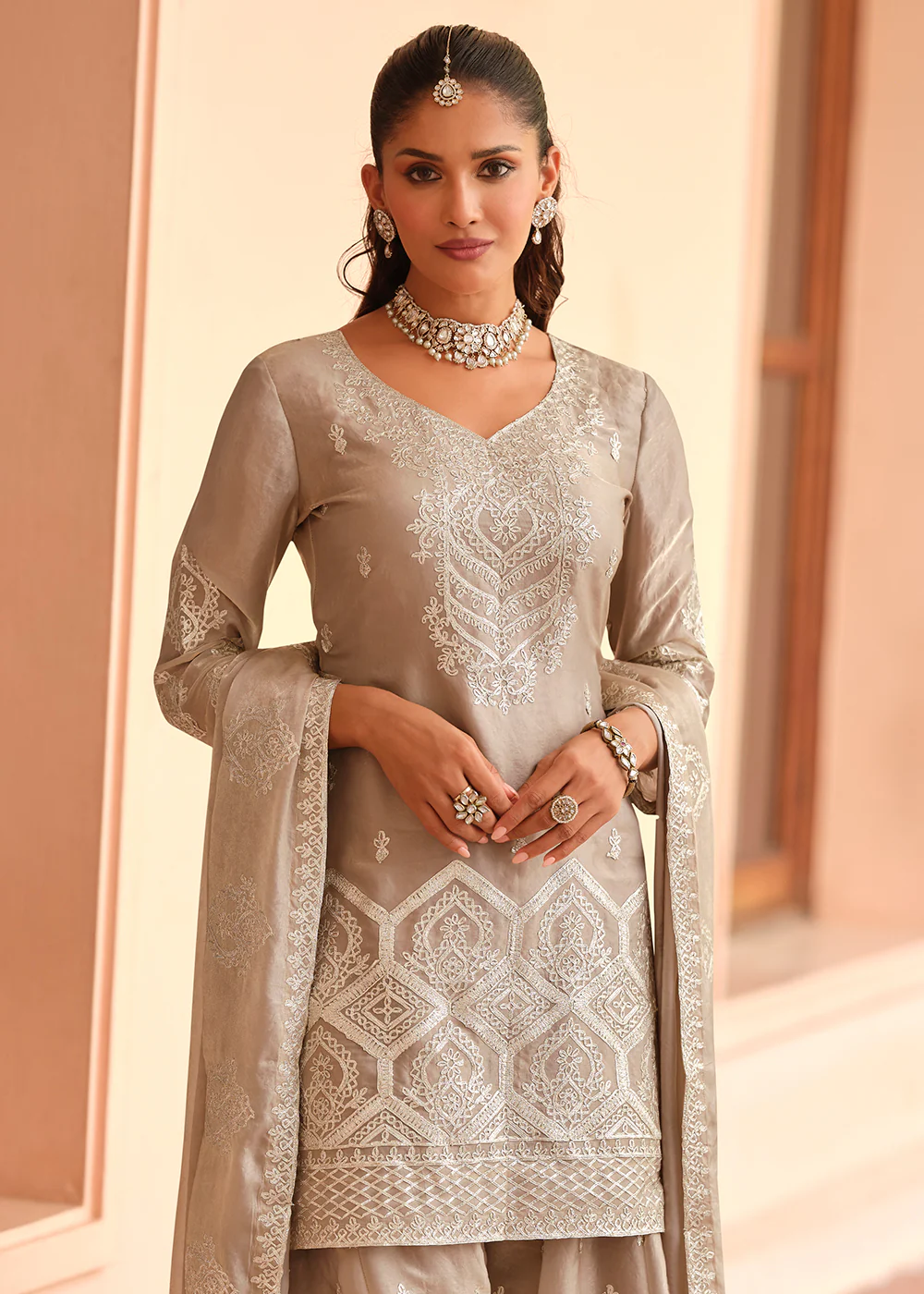 Beige Premium Tora Silk Embroidered Palazzo Suit - Image 2