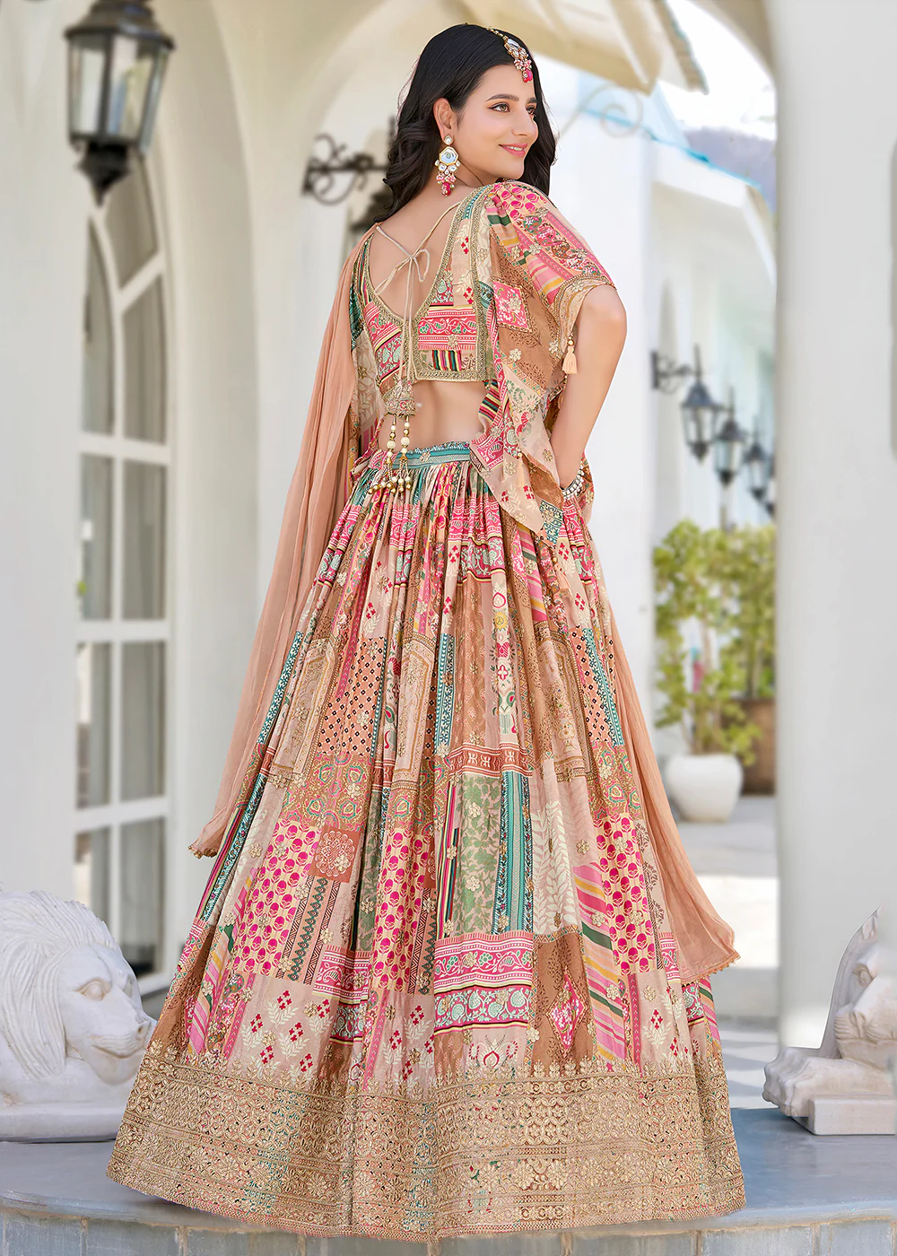 Beige Printed & Zari Dori Embroidered Lehenga Choli - Image 3
