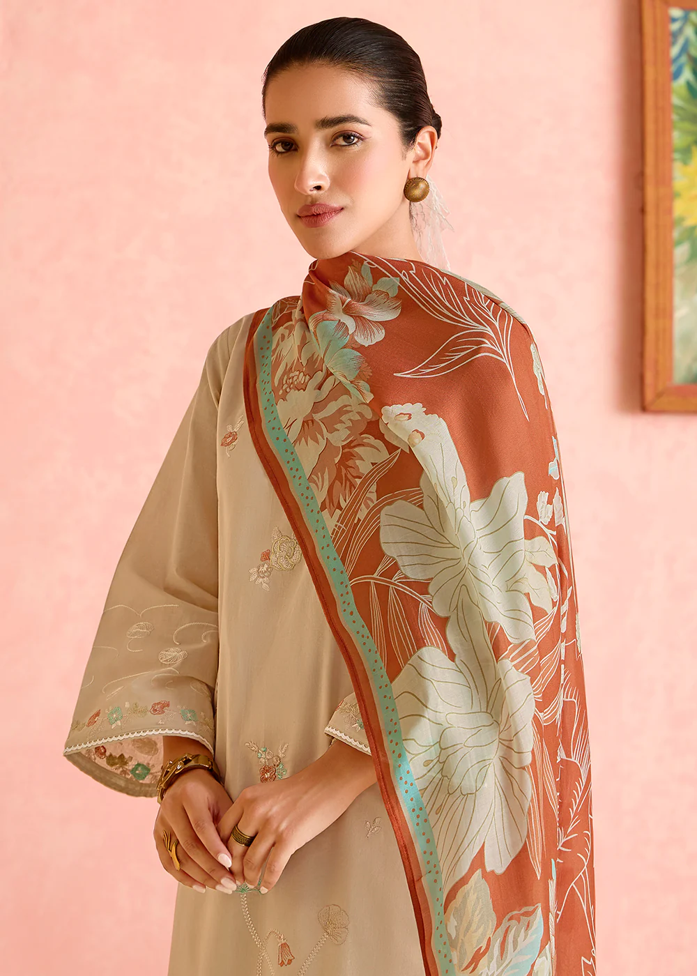 Beige Pure Lawn Resham Embroidered Festive Salwar Kameez - Image 2
