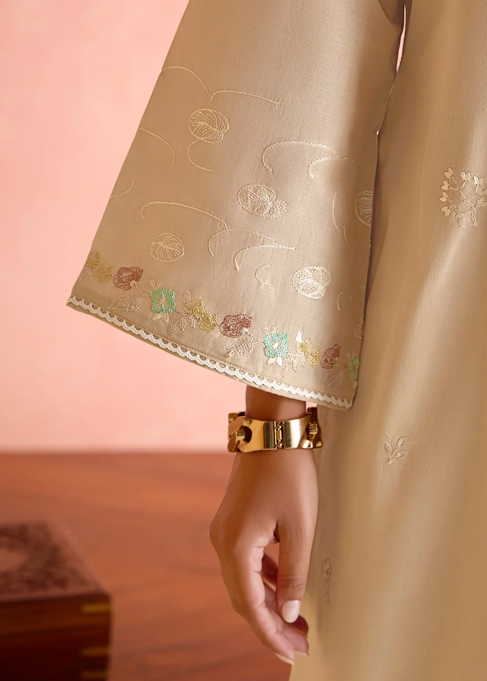 Beige Pure Lawn Resham Embroidered Festive Salwar Kameez - Image 5