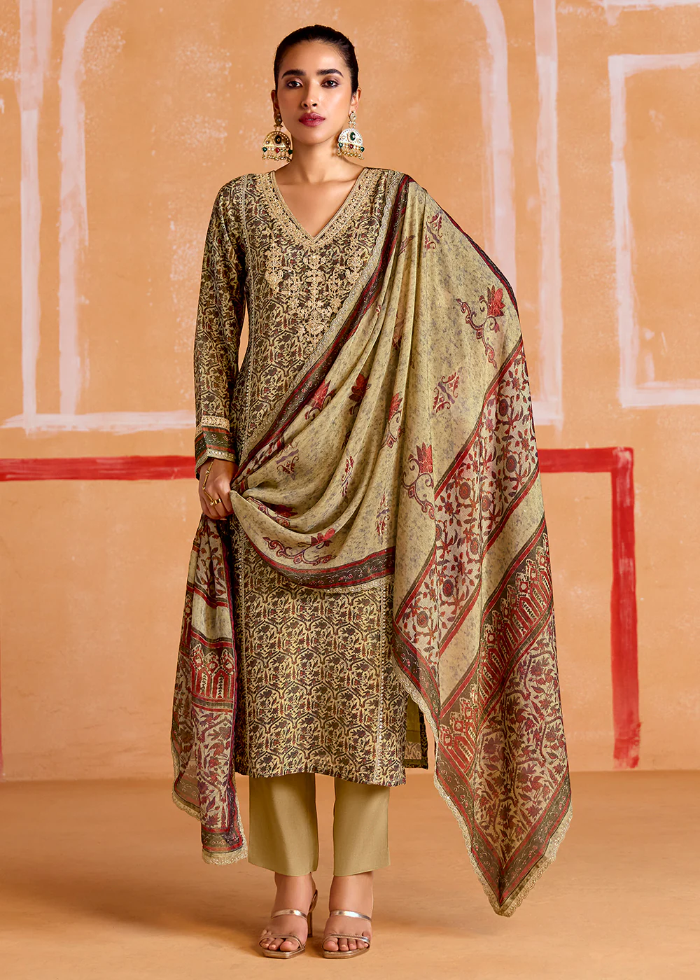 Beige Pure Muslin Embroidered Pakistani Style Suit