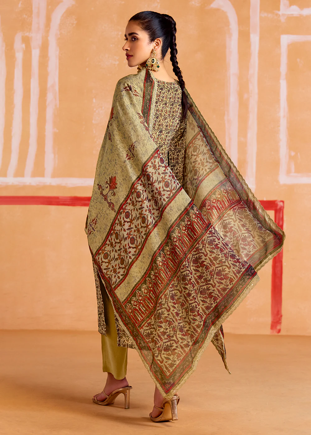 Beige Pure Muslin Embroidered Pakistani Style Suit - Image 3