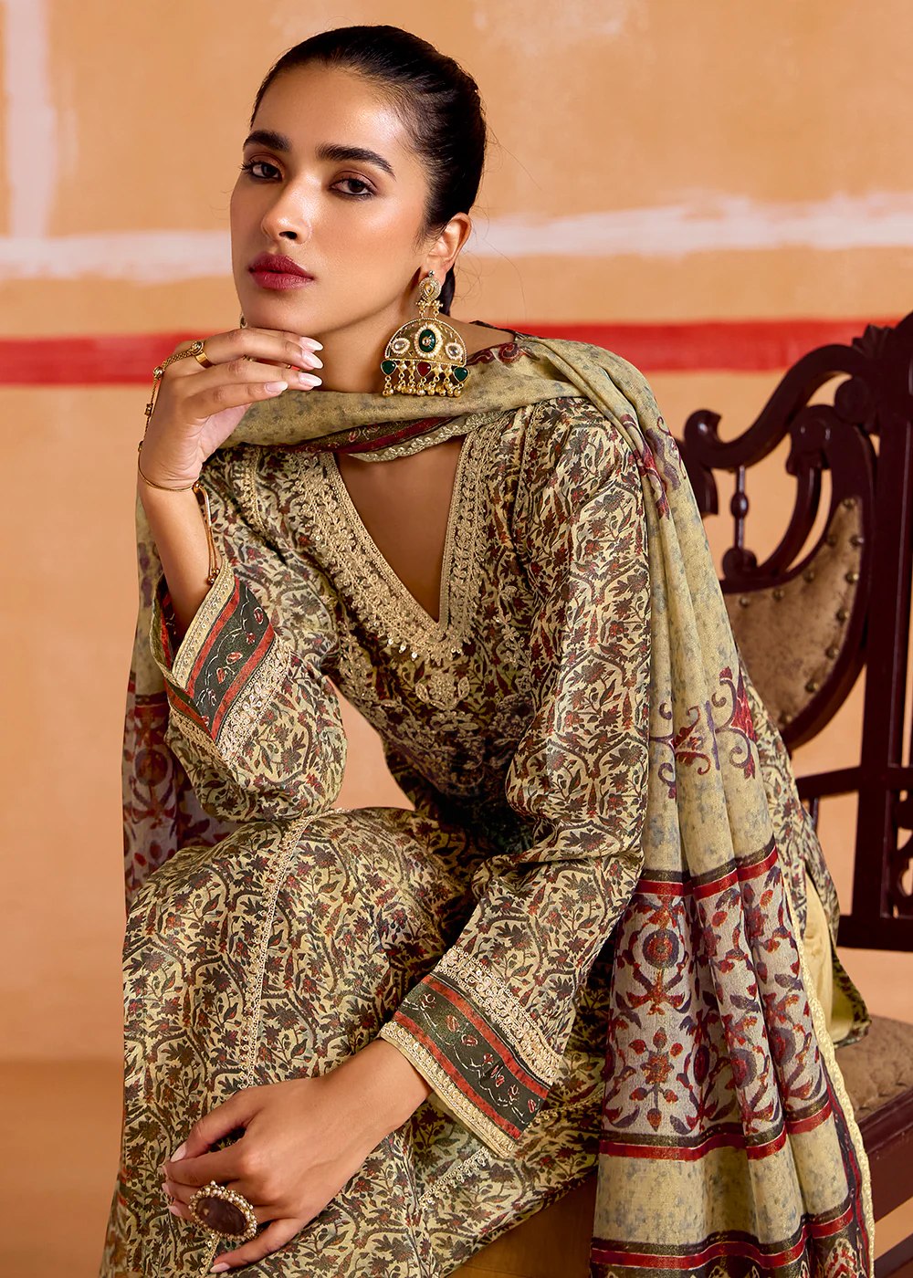 Beige Pure Muslin Embroidered Pakistani Style Suit - Image 5