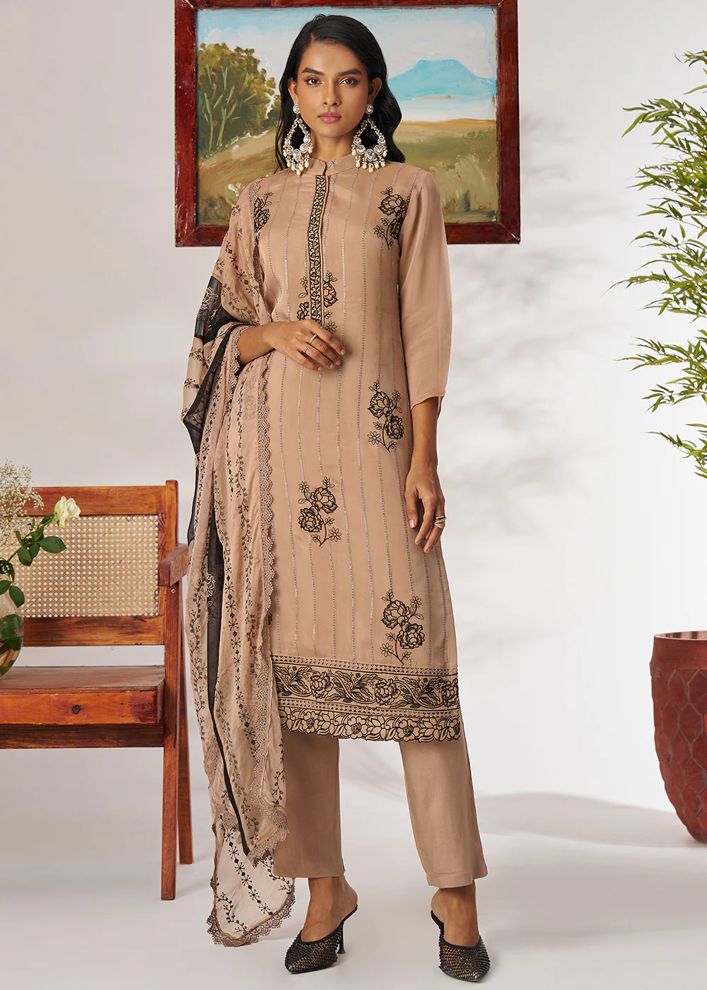 Beige Pure Organza Embroidered Pant Style Salwar Suit