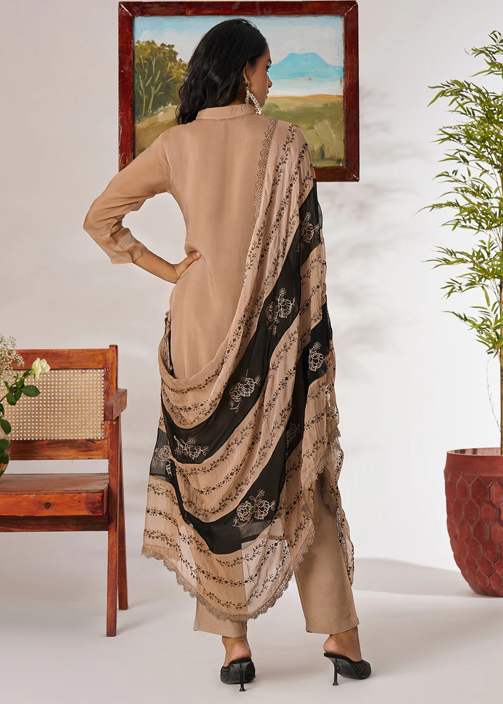 Beige Pure Organza Embroidered Pant Style Salwar Suit - Image 3