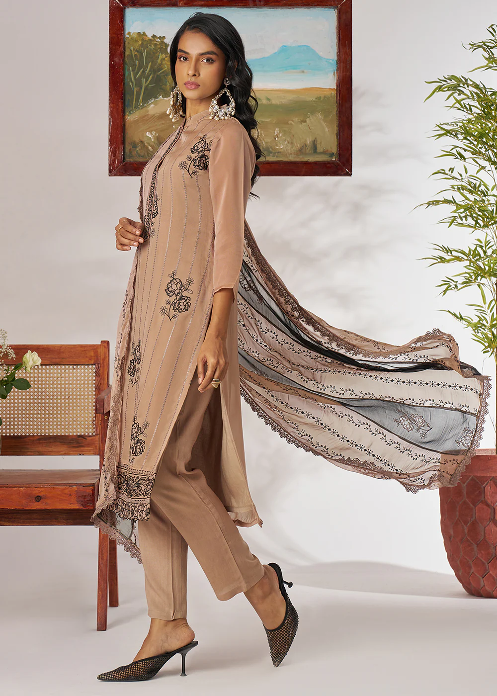 Beige Pure Organza Embroidered Pant Style Salwar Suit - Image 4