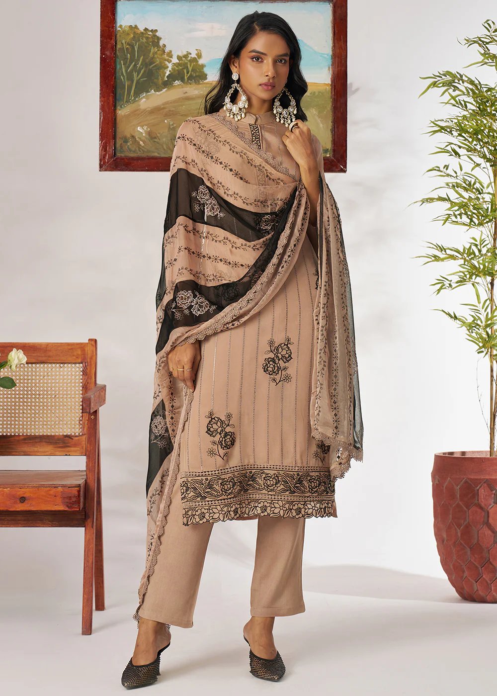 Beige Pure Organza Embroidered Pant Style Salwar Suit - Image 5