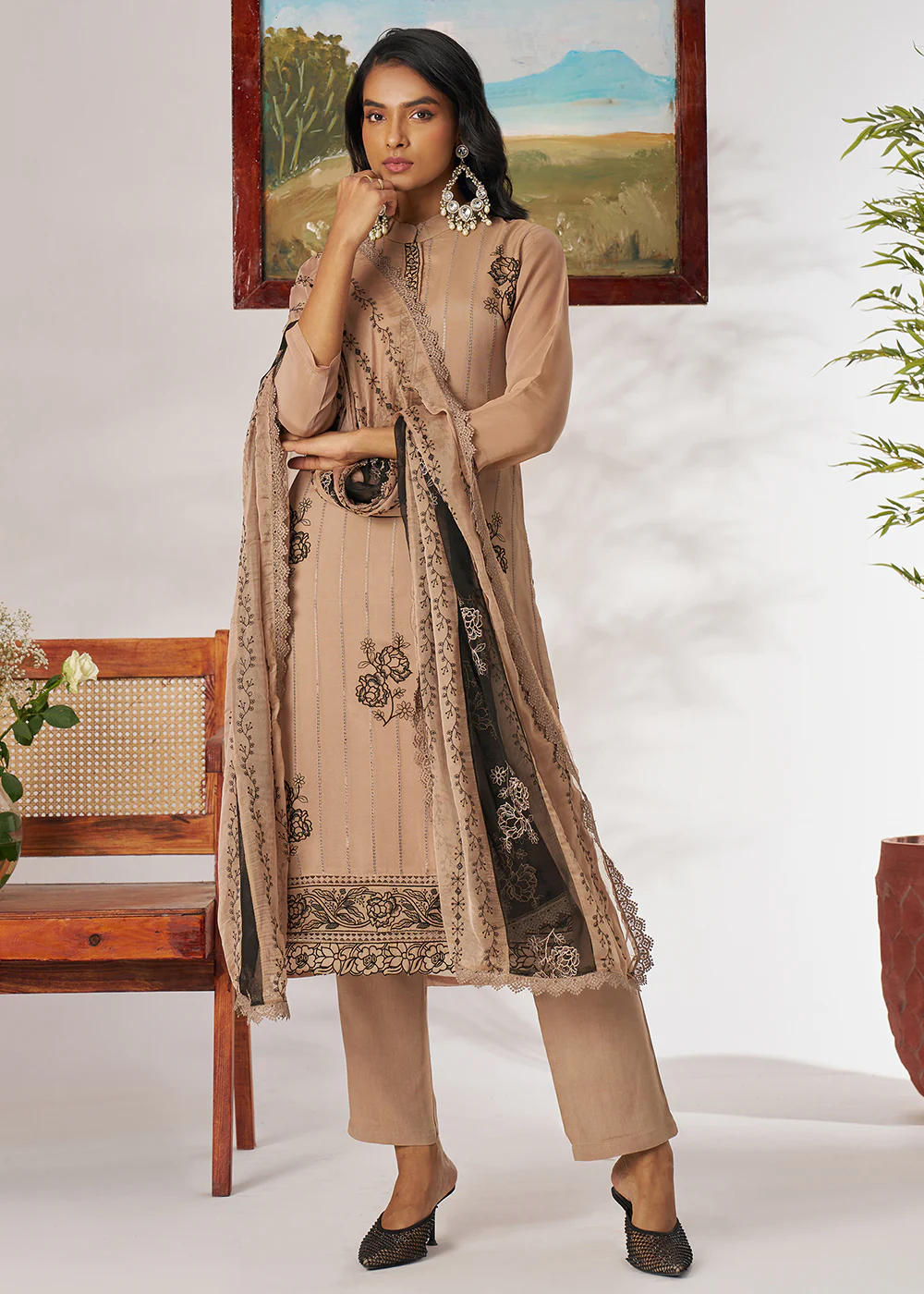 Beige Pure Organza Embroidered Pant Style Salwar Suit - Image 6