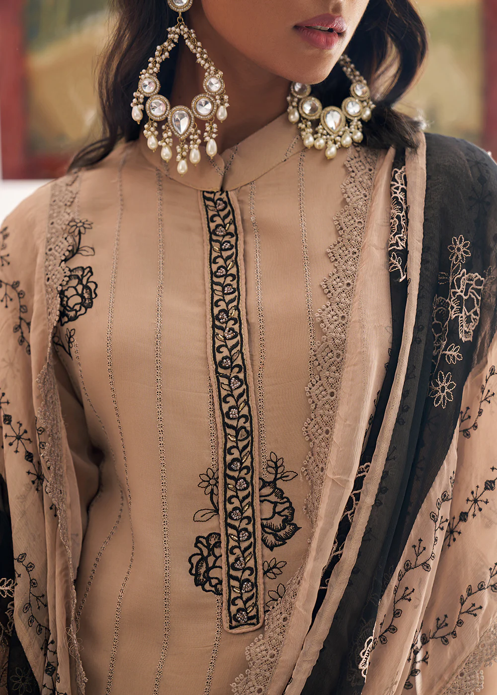 Beige Pure Organza Embroidered Pant Style Salwar Suit - Image 7