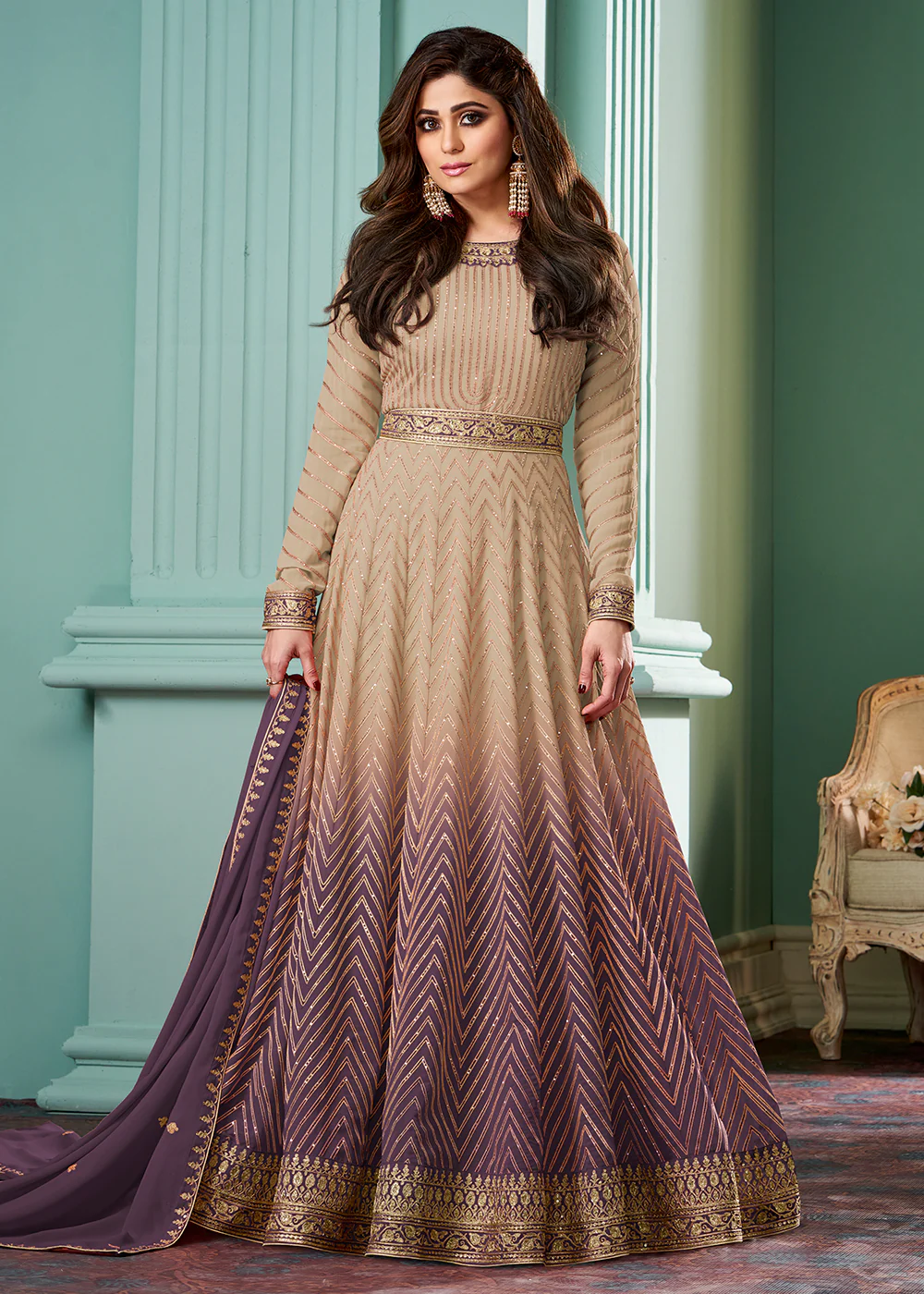 Beige & Purple Belt Style Anarkali Featuring Shamita Shetty