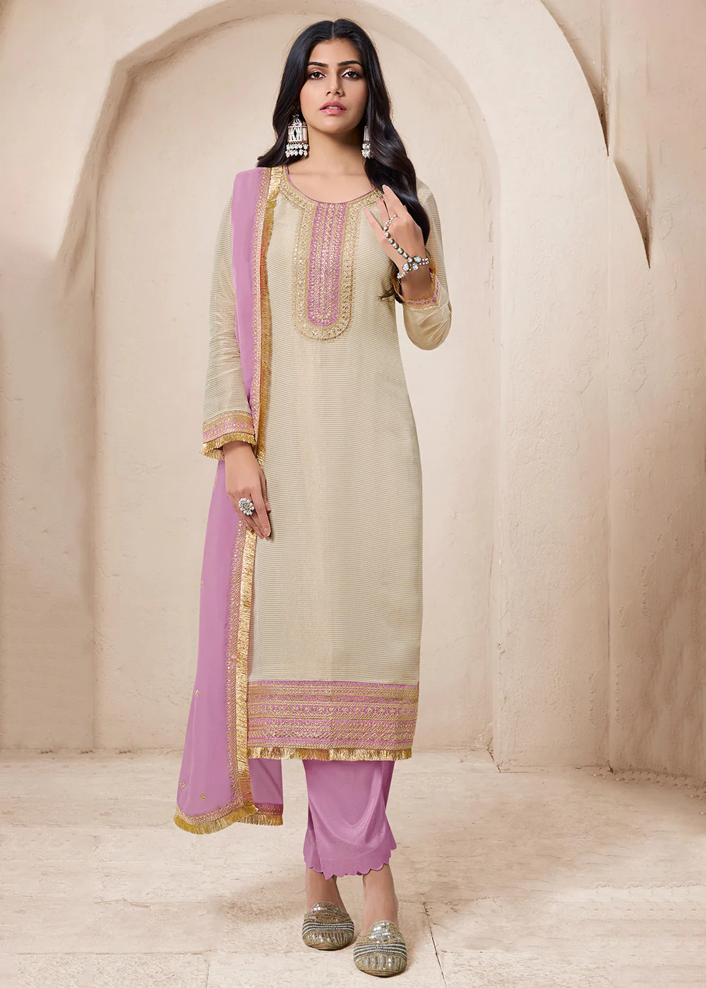 Beige & Purple Viscose Organza Embroidered Salwar Suit