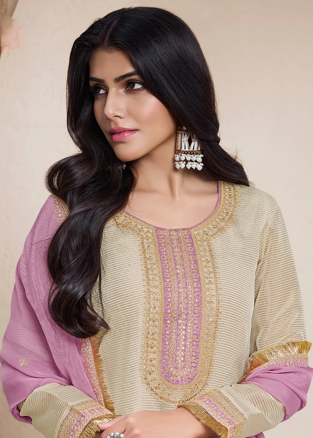 Beige & Purple Viscose Organza Embroidered Salwar Suit - Image 2