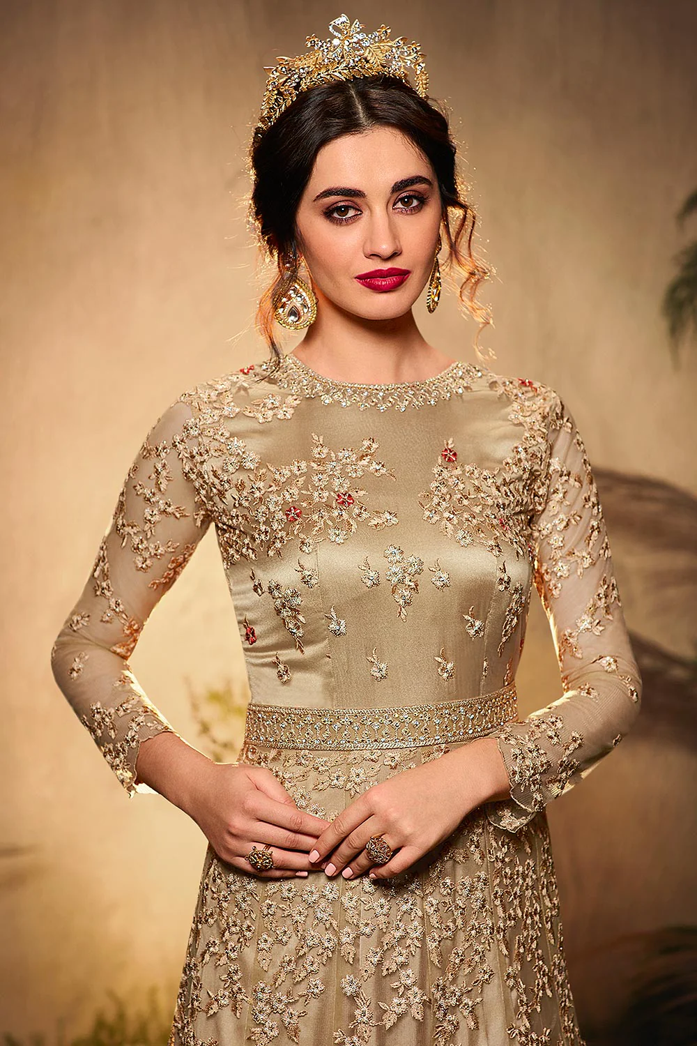 Beige Resham Embroidered Net Anarkali Suit - Image 2
