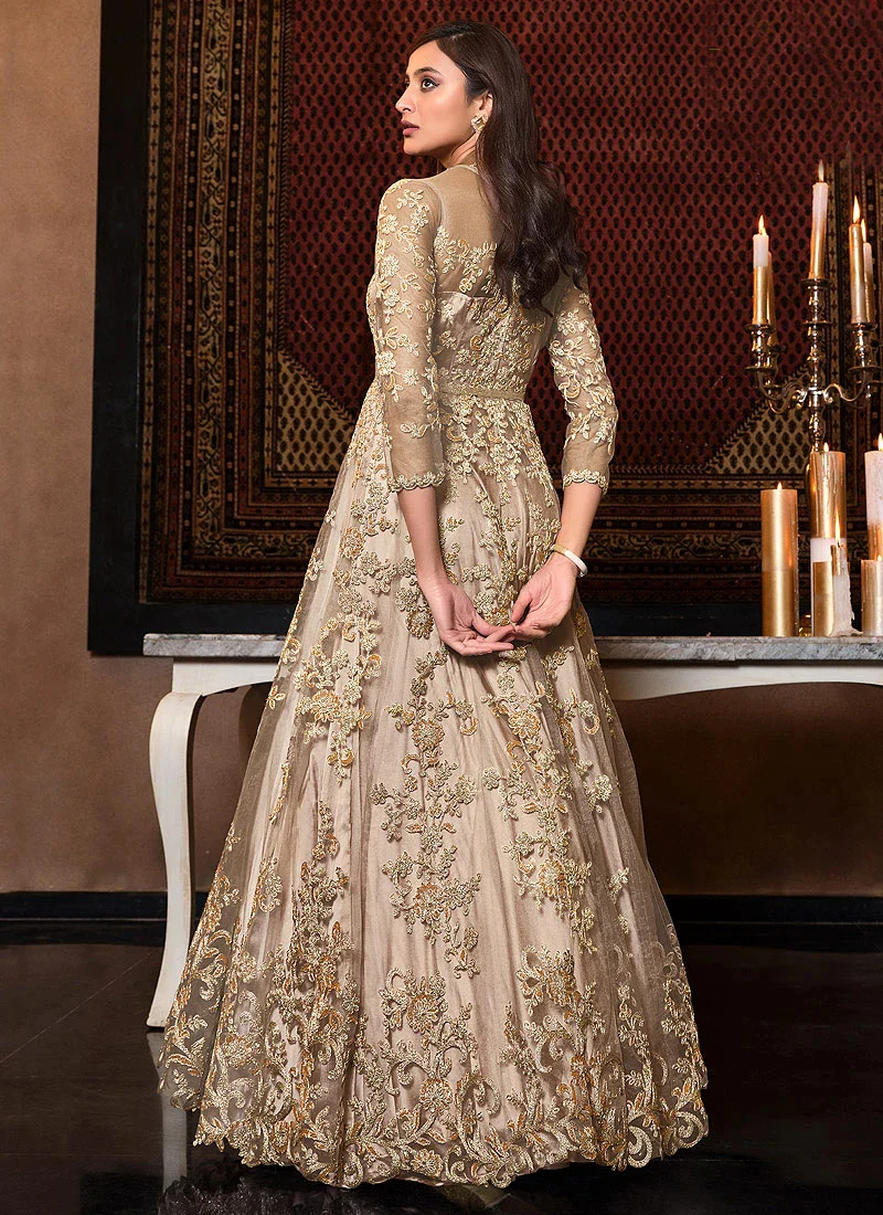 Beige Sequins Embroidered Floor Length Anarkali Suit - Image 3