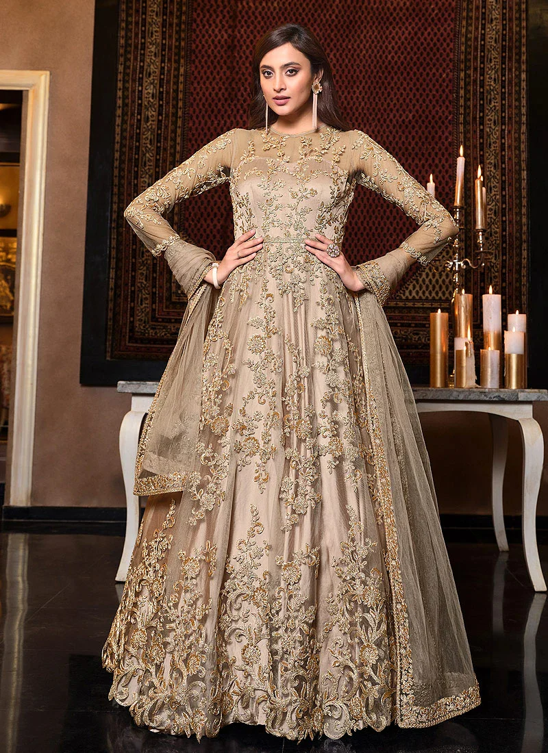 Beige Sequins Embroidered Floor Length Anarkali Suit - Image 4