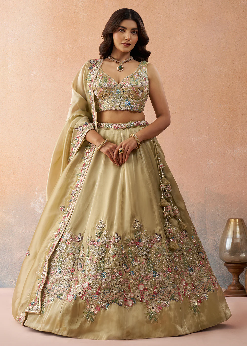 Beige Sequins & Zarkan Designer Wear Lehenga Choli