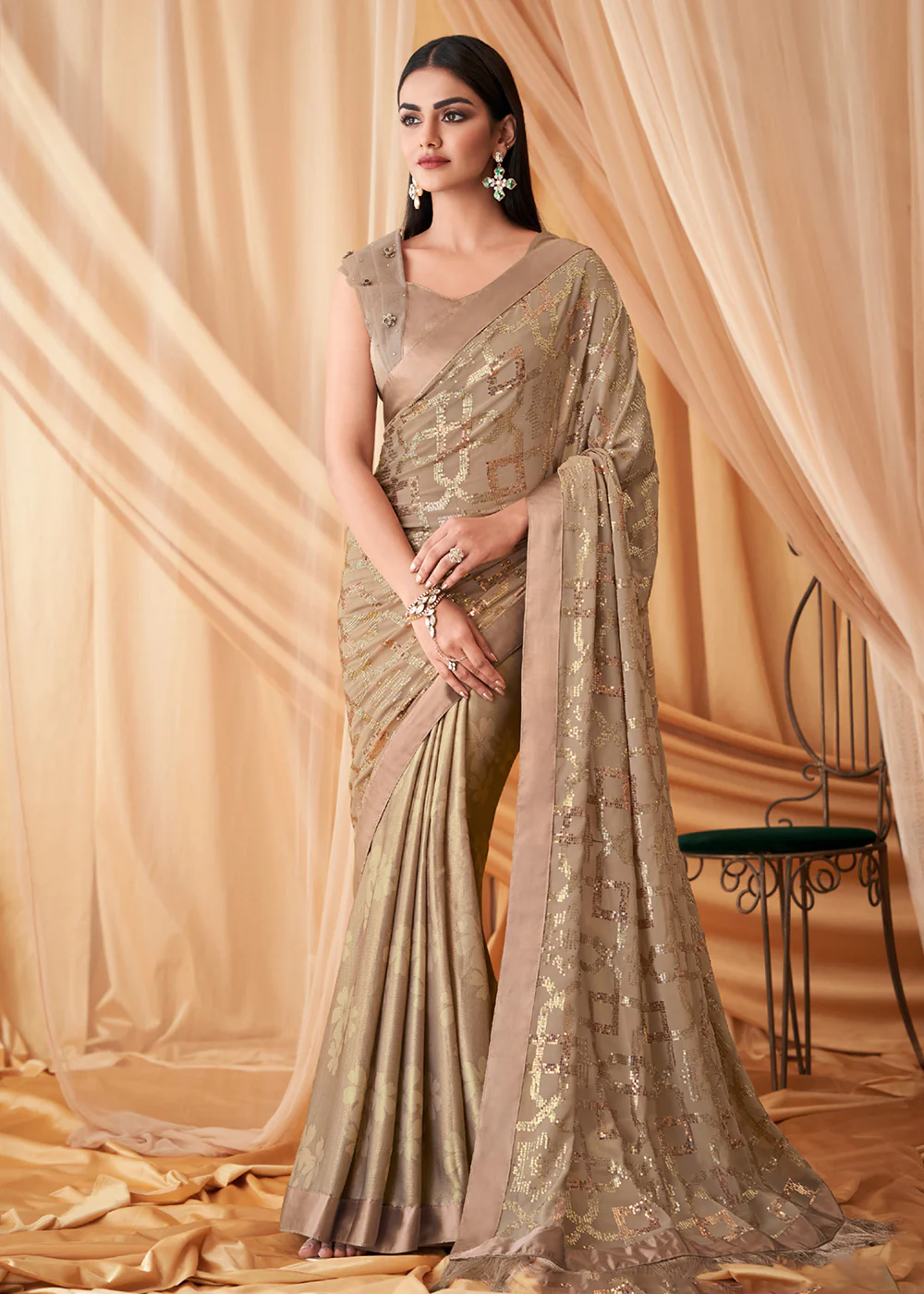 Beige Shimmer Georgette Silk Embroidered Festive Party Saree