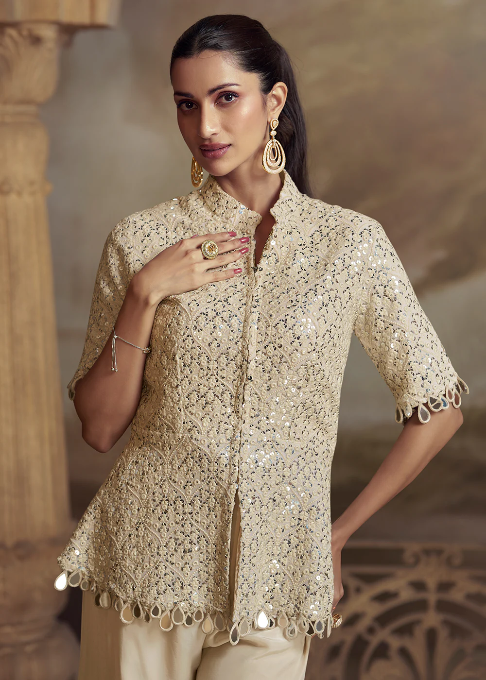 Beige Short Shirt Style Wedding Festive Palazzo Suit - Image 2