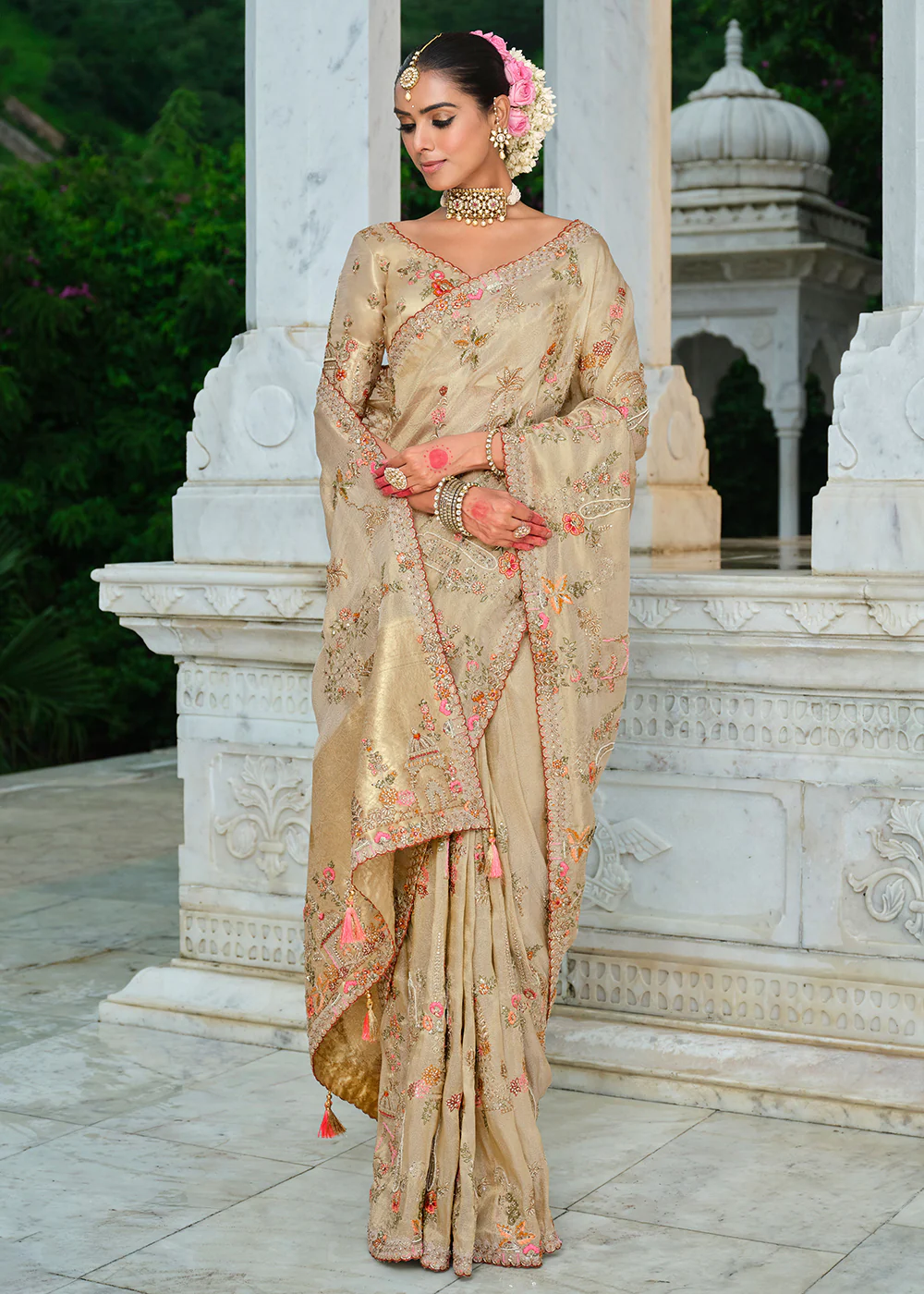 Beige Silk Khatli Embroidered Saree