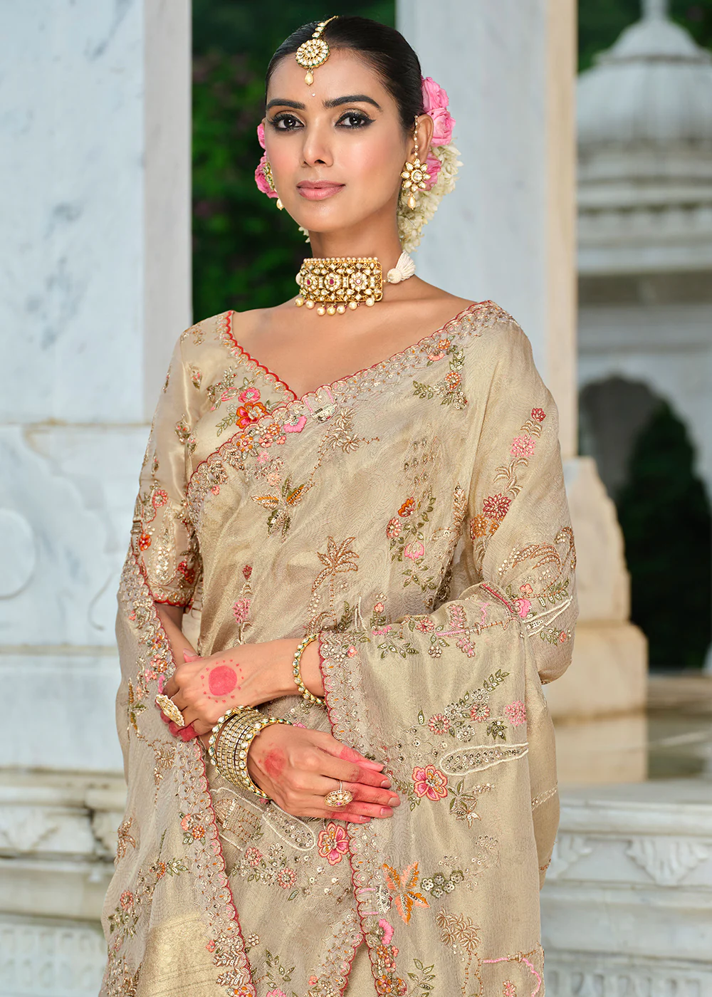 Beige Silk Khatli Embroidered Saree - Image 2
