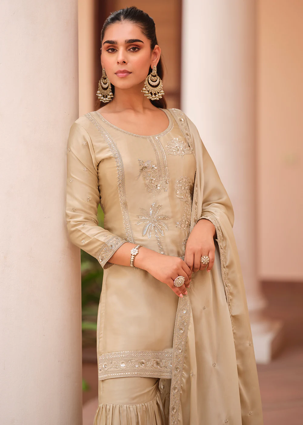 Beige Silk Satin Embroidered Gharara Style Suit - Image 2