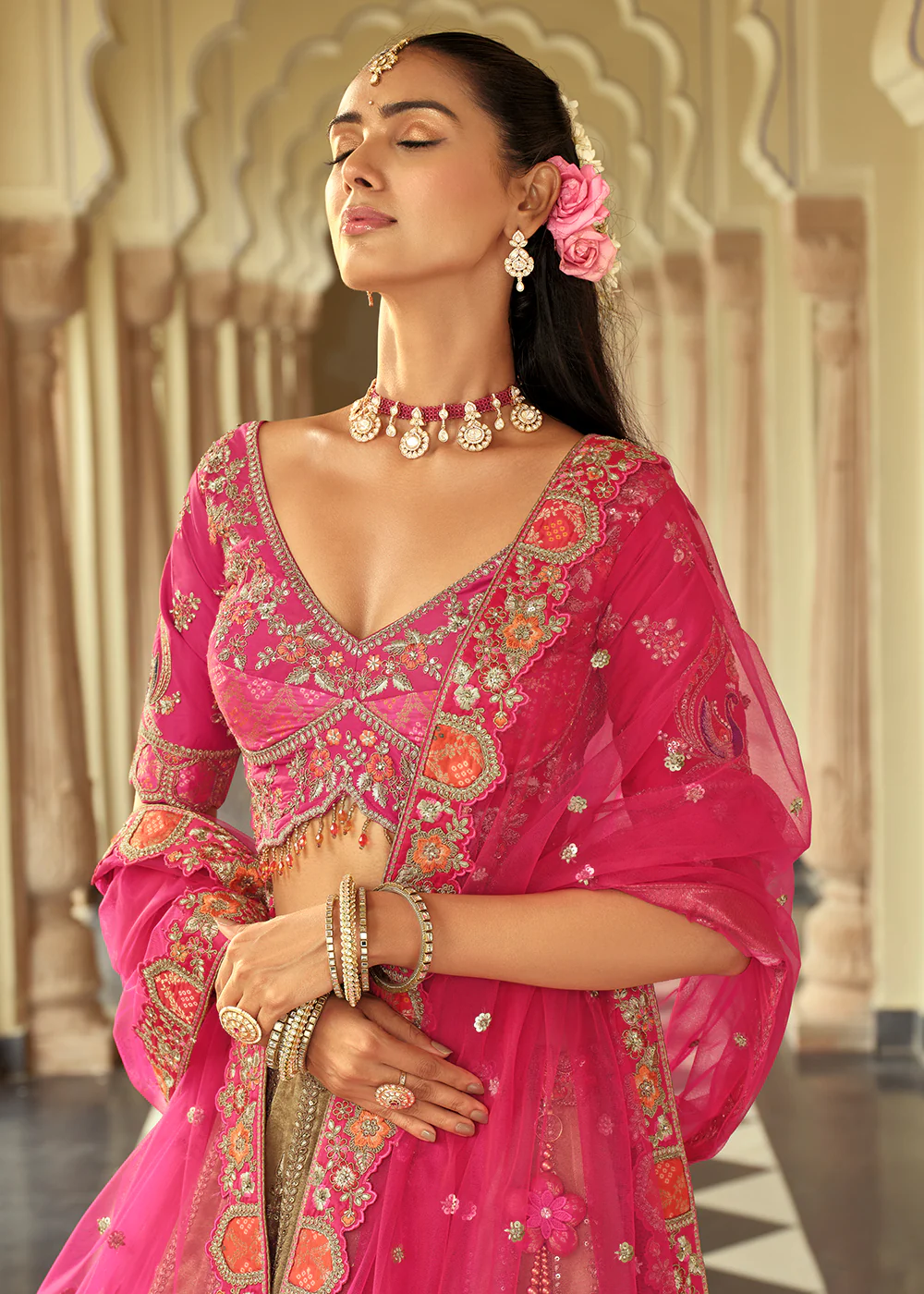 Beige Silk with Embroidered Bridal Lehenga Choli - Image 4