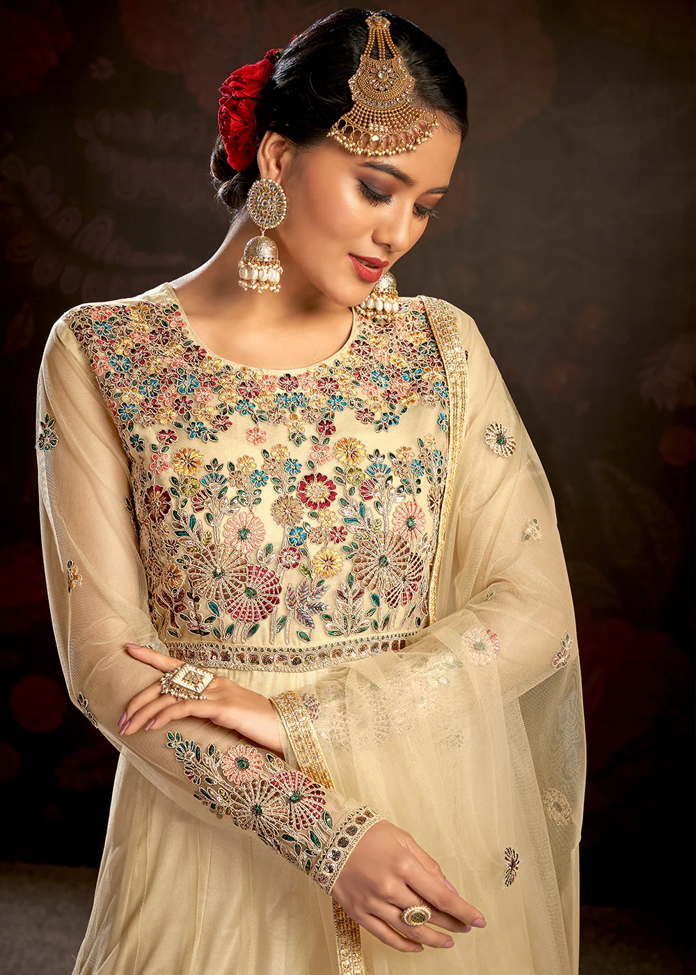 Beige Sparkly Net Embroidered Designer Anarkali Suit - Image 2