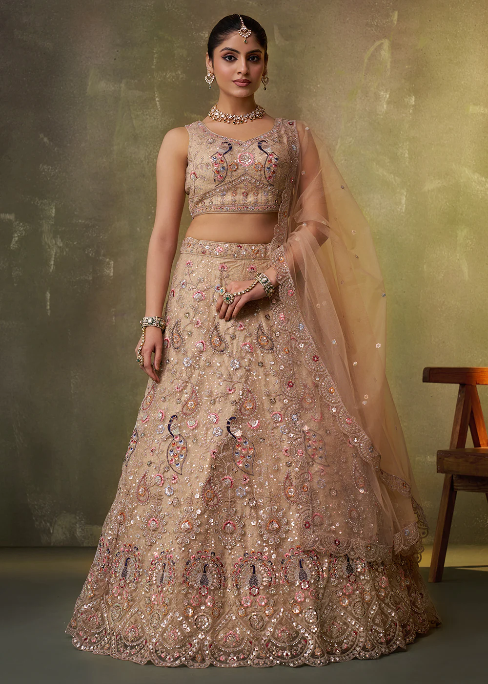 Beige Stone & Cording Work Net Lehenga Choli