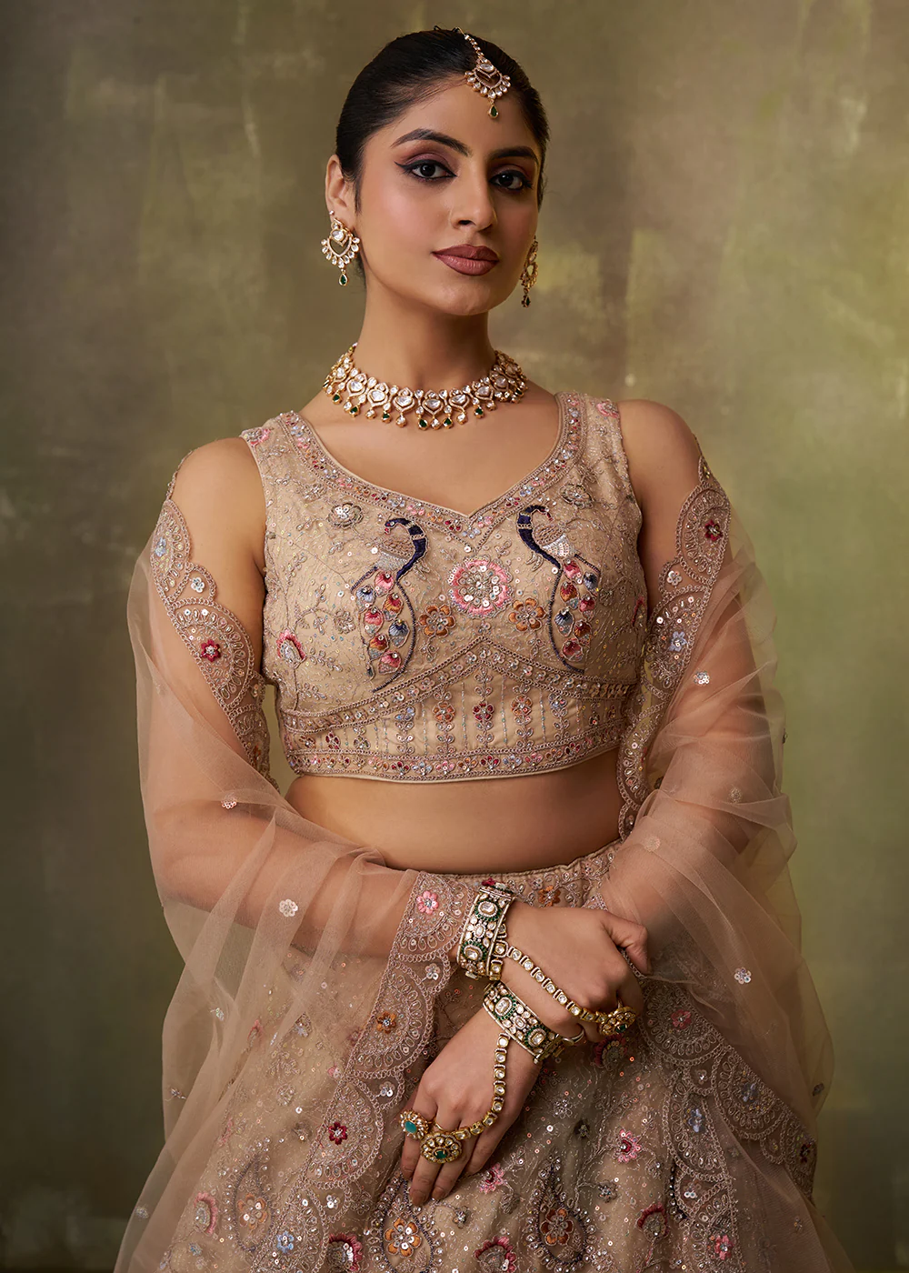 Beige Stone & Cording Work Net Lehenga Choli - Image 2