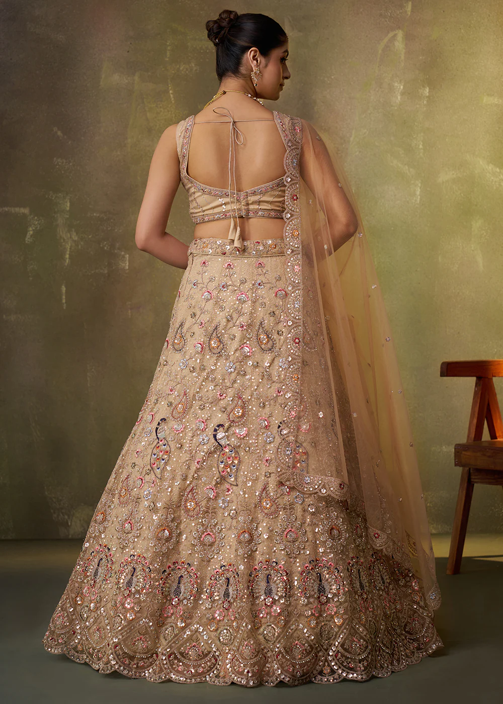 Beige Stone & Cording Work Net Lehenga Choli - Image 3
