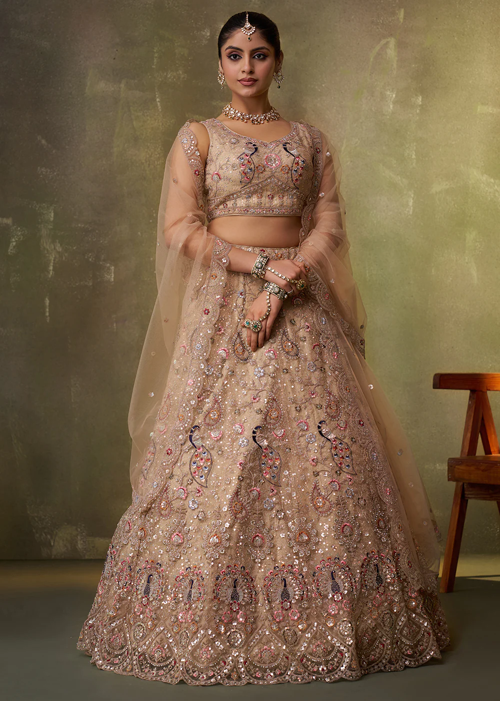 Beige Stone & Cording Work Net Lehenga Choli - Image 4