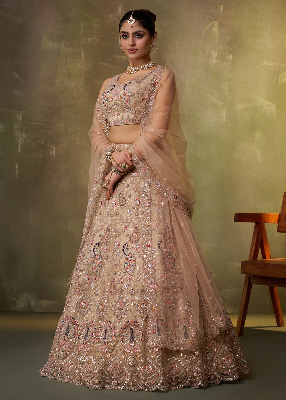 Beige Stone & Cording Work Net Lehenga Choli - Image 5
