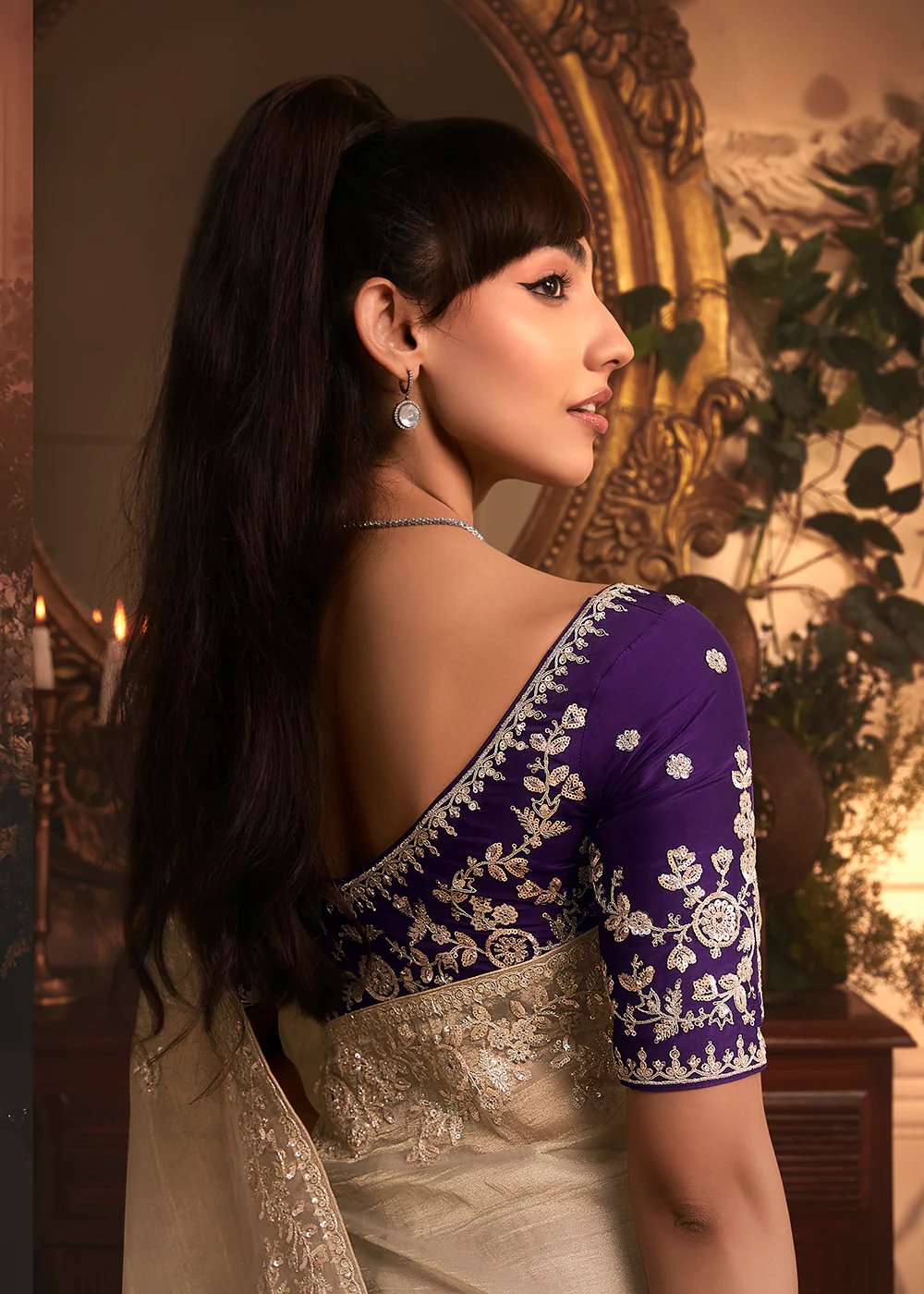 Beige Tissue Organza Silk Embroidered Designer Saree - Image 3