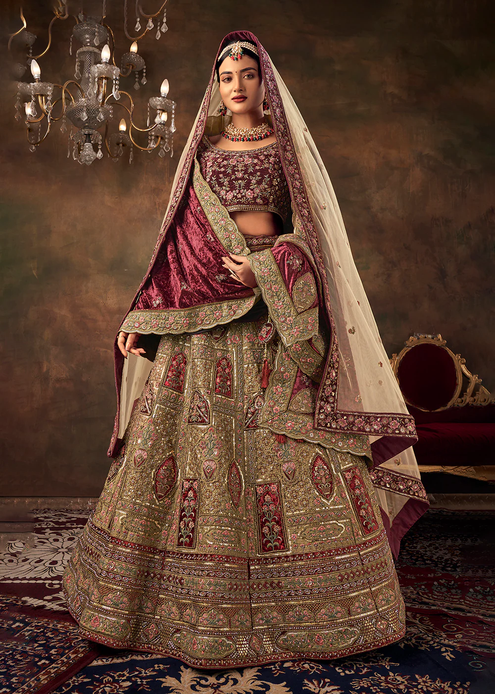 Beige Velvet Hand Embroidered Bridal Lehenga Choli